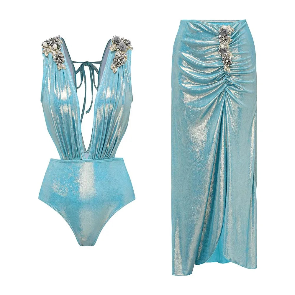 CM.YAYA Women Swimwears Butterfly Beach Strapless Swimsuit + Long Skirt Holiday Summer Two 2pcs Set Bikinis Set Bathing Suit
