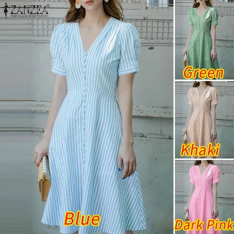 ZANZEA Women Elegant Striped Midi Dresses 2025 Summer Fashion V-Neck Short Puff Sleeve Fitted Waist A-Line Robes Femme Korean