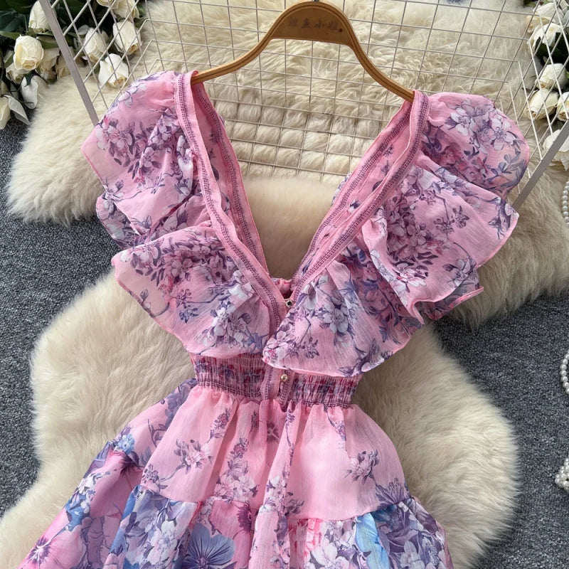 Boho Summer Floral Ruffle Cutout Mini Dress for Women