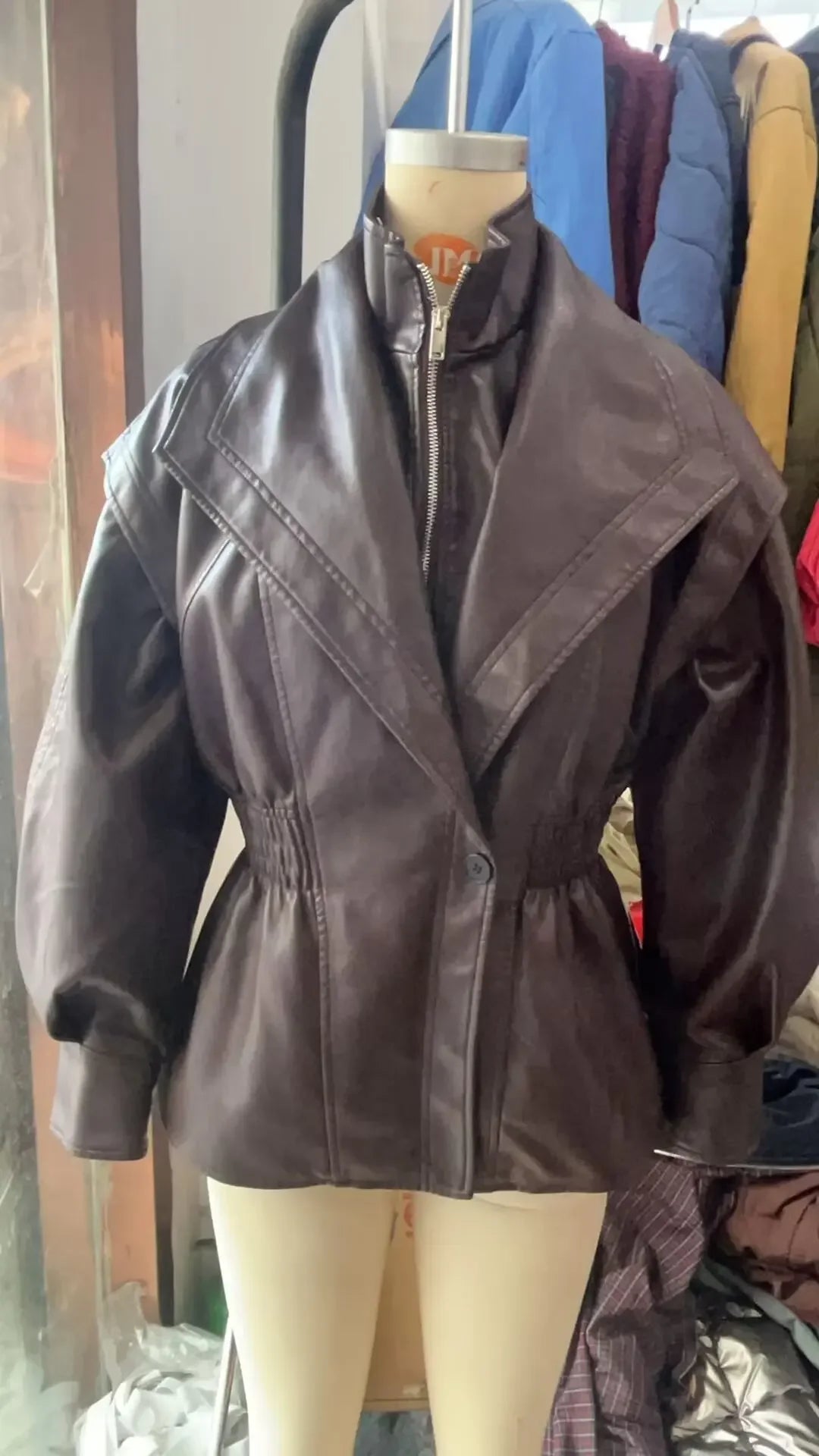 Cropped Oversized Black Leather Bomber Jacket for Women