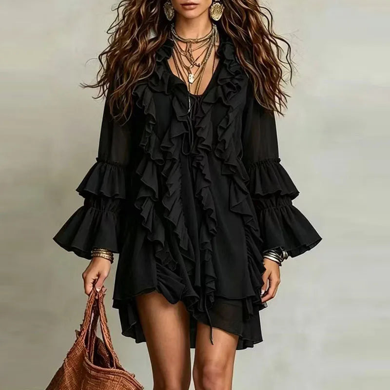 V-Neck Lace-Up Ruffle Bell Sleeve Mini Dress for Women