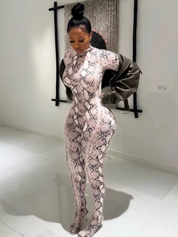Snake Print Long Sleeve Zip Up Stretch Jumpsuit for Women