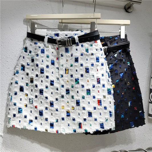 Design denim short skirt hip skirt a word 2024 new burned flower wear trend personalized niche women's clothing
