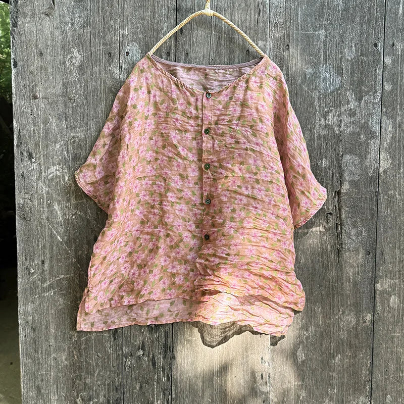 Casual Floral Print Loose Linen Relaxed Fit Shirt for Women