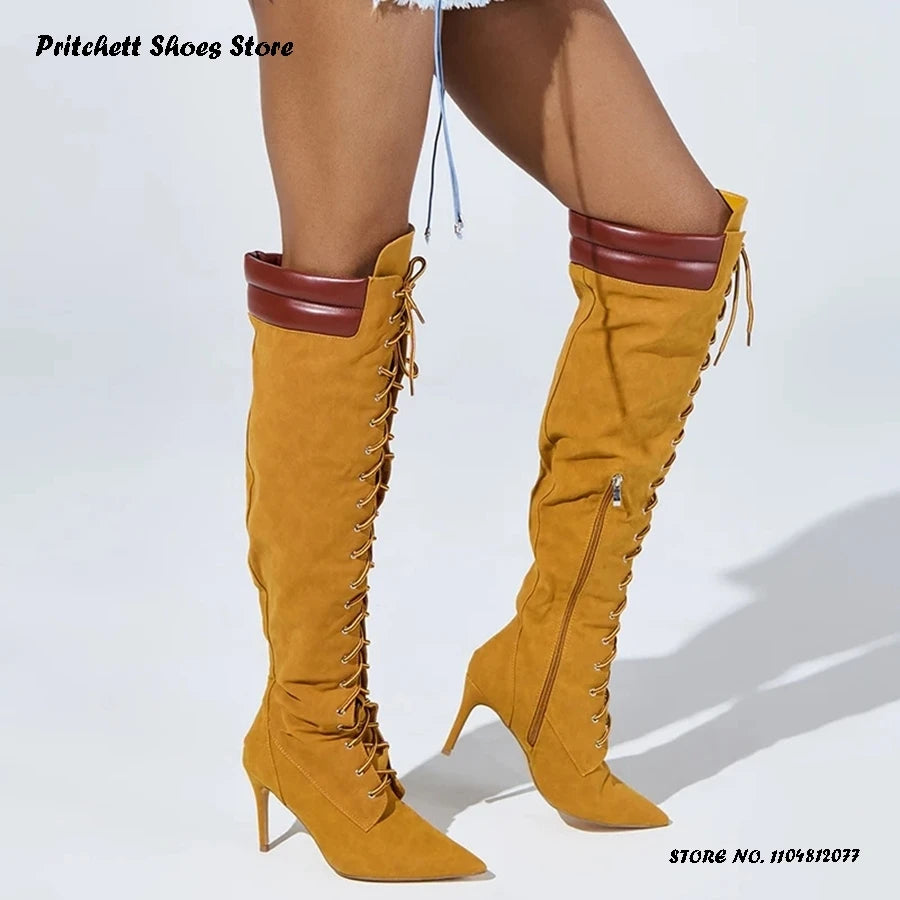 Cross Tied Pointed Toe Knee High Boots With Side Zipper For Women