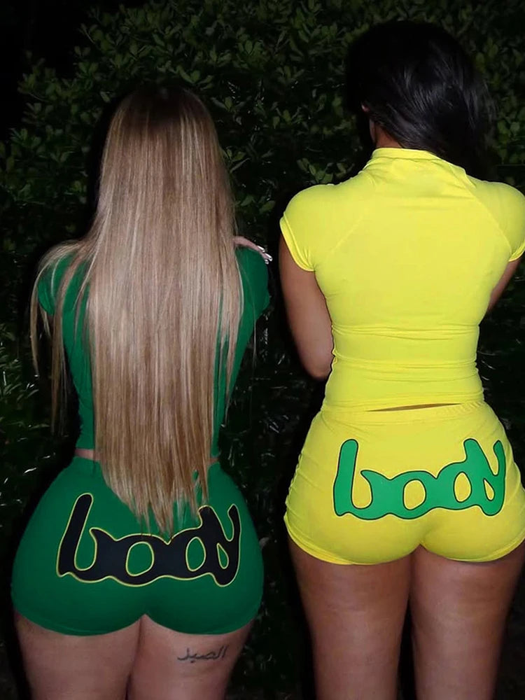 Cutenew Letter Print Sporty Women 2 Piece Set Summer Casual Short Sleeve Zip Up Tees+Solid Slim Shorts Female Daily Tracksuits