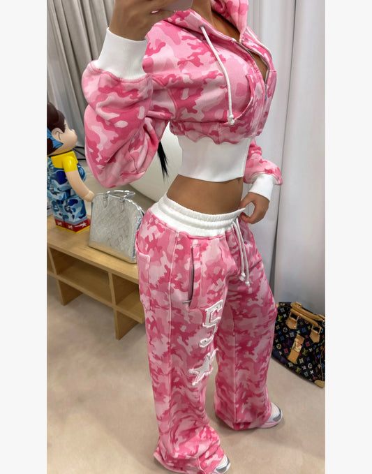 Gothic Women Camouflage Tie Dye Hoodie Sweatpant Y2K Clothes Letter Embroidery Retro Oversized Cropp Sweatshirt Casual Pants Set