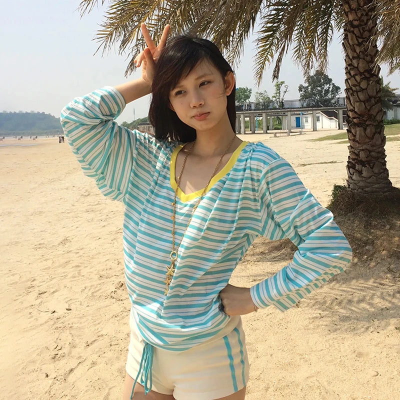 Karrram Japanese Y2k Blue Striped T-shirt Korean 2000s Style V-neck Long Sleeve T Shirt Vintage Harajuku Off Shoulder Loose Tops
