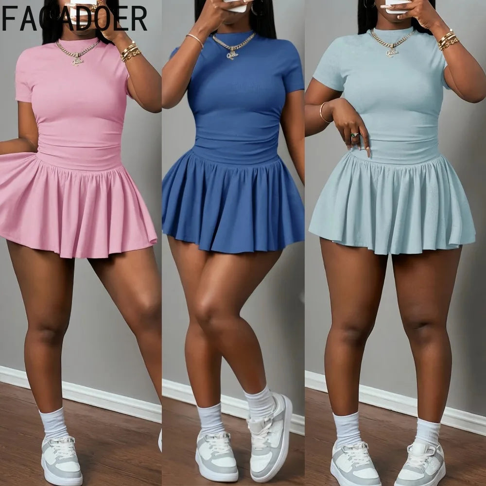 Casual Ribbed Two Piece Set with Crop Top and Pleated Skirt for Women