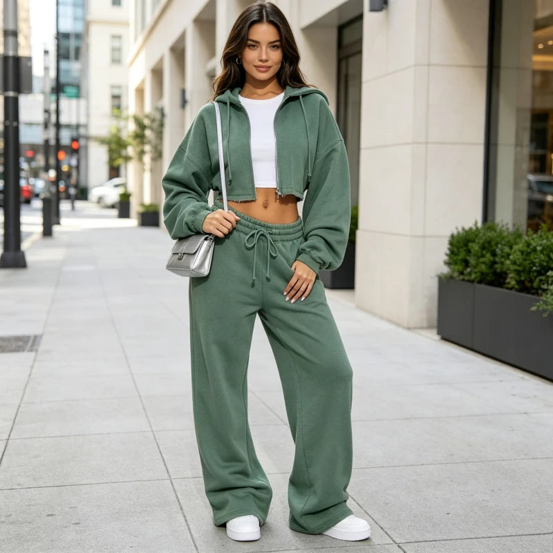 Hooded Zip Jacket and Wide Leg Pants Set for Women