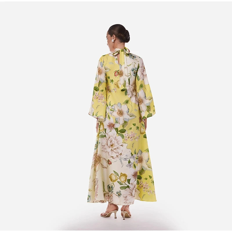 Elegant Print Dress with Stand Collar and Flare Sleeves for Women