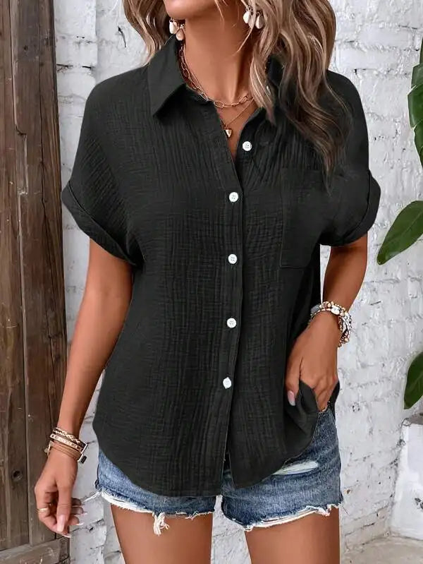 Short Sleeve Cotton Button Down Blouse With Pockets for Women