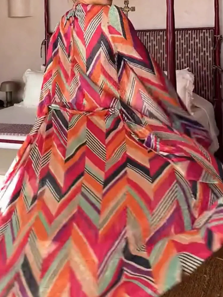 Printing Patchwork Fashion Two Pieces Outfit, Women Spring Summer V Neck Long Lacing Up Coat Set, 2025 Wide Leg Pants Lady Suits