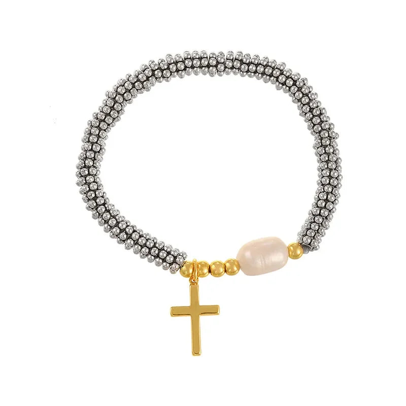 Cubic Zirconia Pearl Cross Bracelet