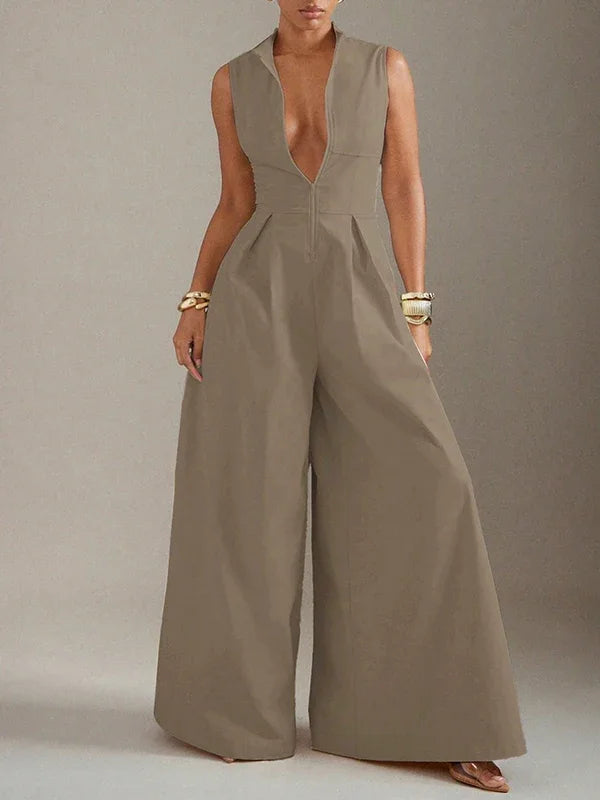 Women's Minimalist Stand Collar Zip Up High Waisted Wide Leg Jumpsuit 2026 New Sleeveless Solid Color Pleated Casual Romper