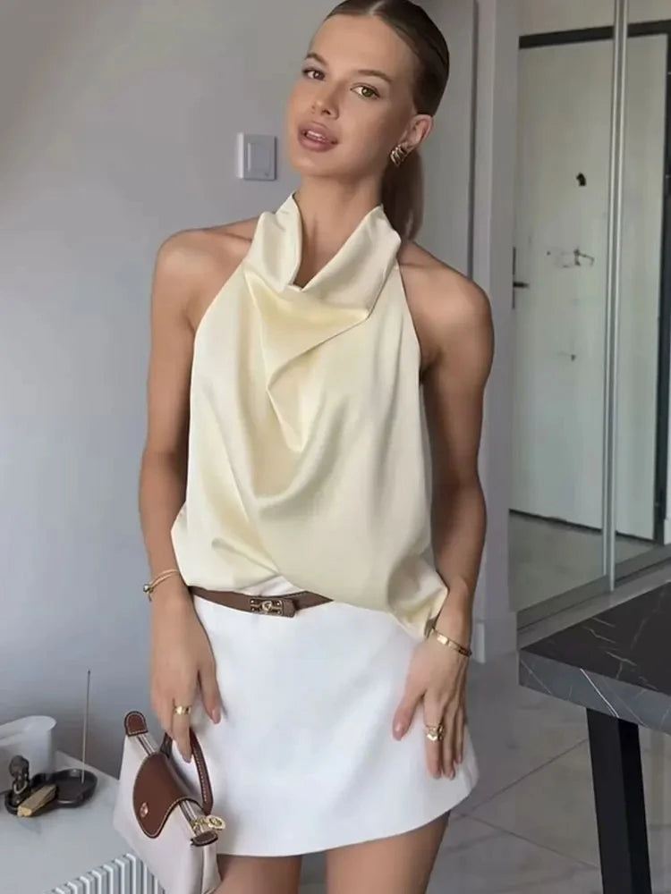 Sleek Solid Color Back Button Halter Neck Top for Women