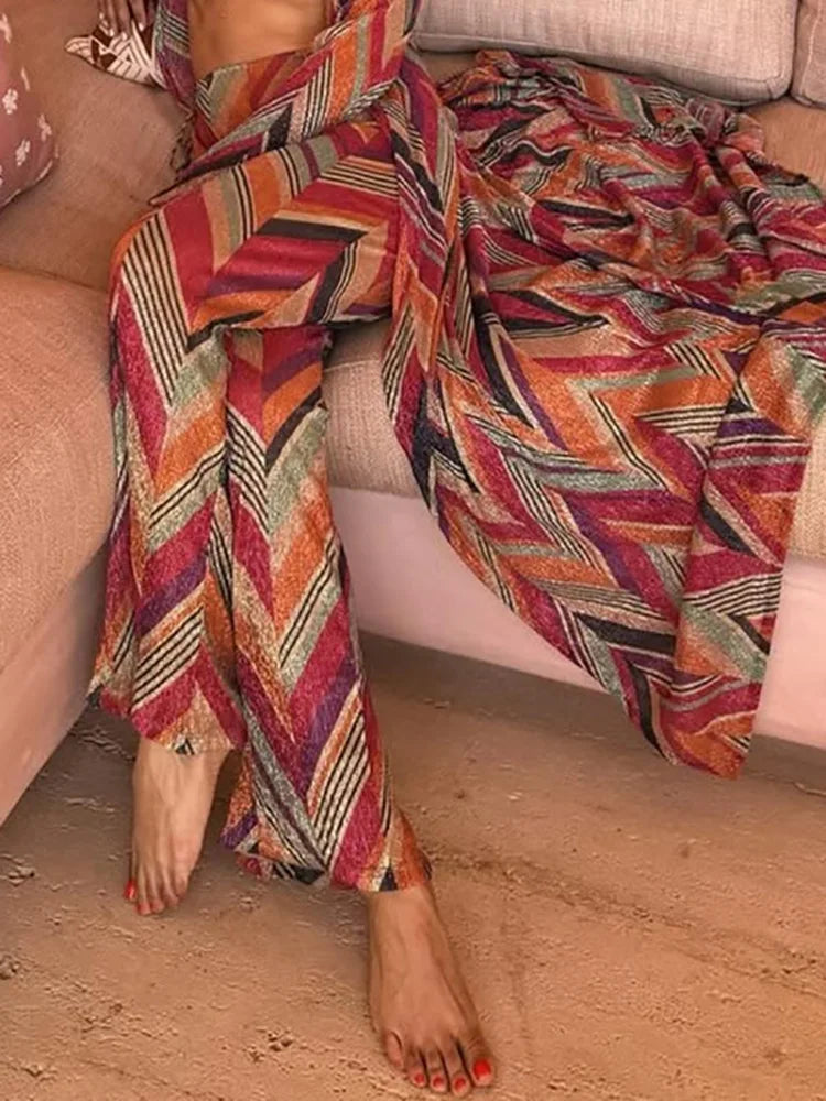 Printing Patchwork Fashion Two Pieces Outfit, Women Spring Summer V Neck Long Lacing Up Coat Set, 2025 Wide Leg Pants Lady Suits