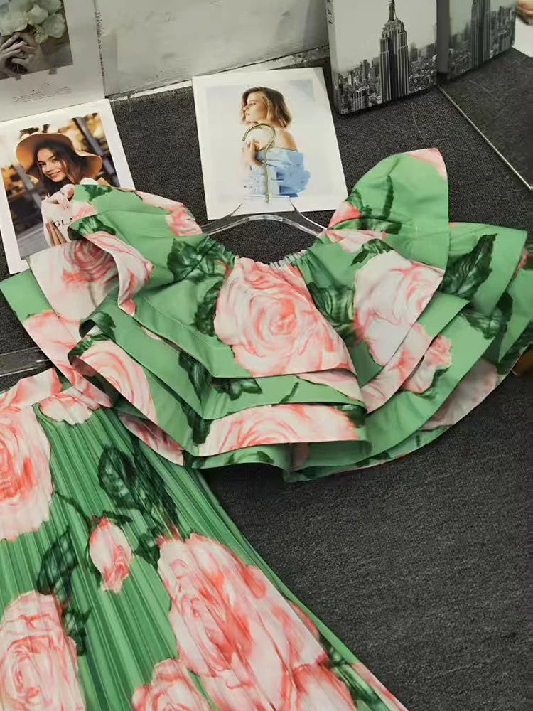 Printed Top And Pleated Skirt Set