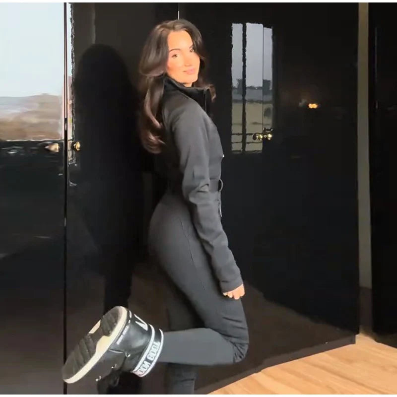 Women's Jumpsuit Loose Stand Collar Thicken Jackets Pants Sets Belt 2 Pieces Female Winter Woman Snowsuit Outfits For Outdoor