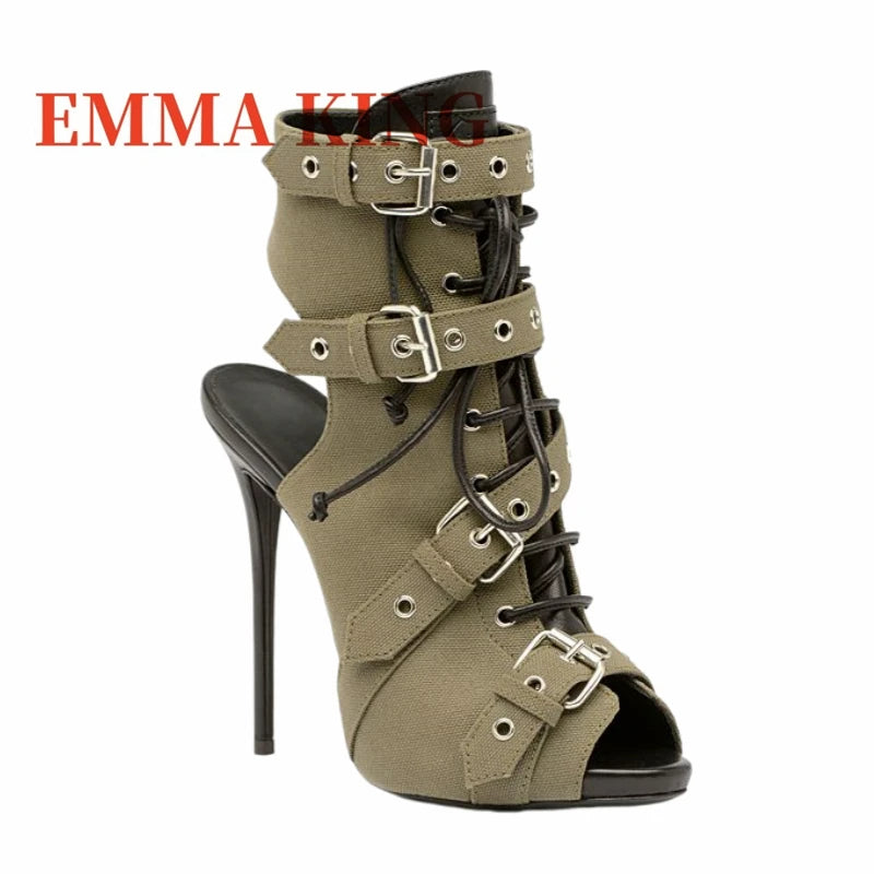 Lace Up Green Canvas Cutout Peep Toe Ankle Boots for Women