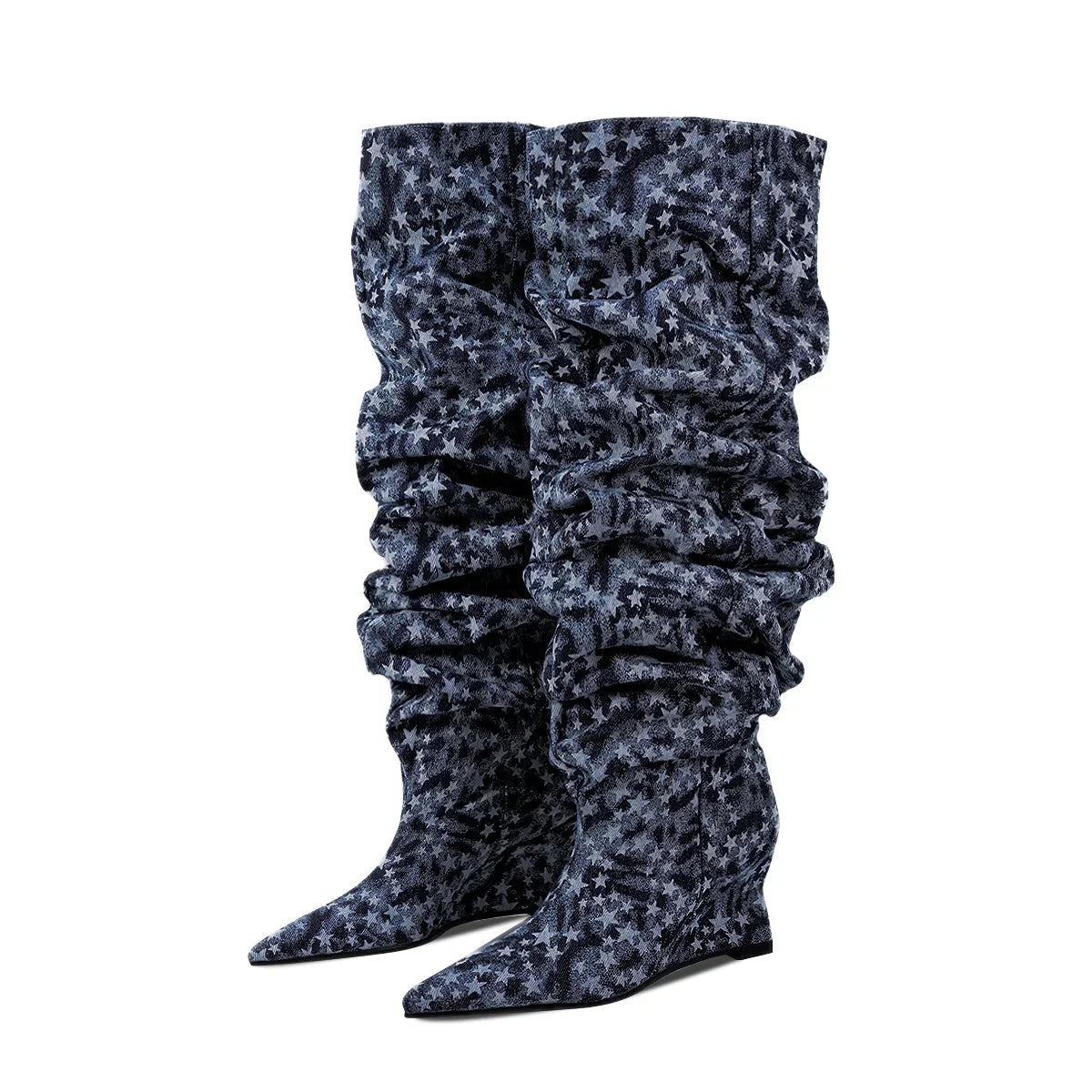 Pointed Toe Denim Over-The-Knee With Wedge Boots for Women