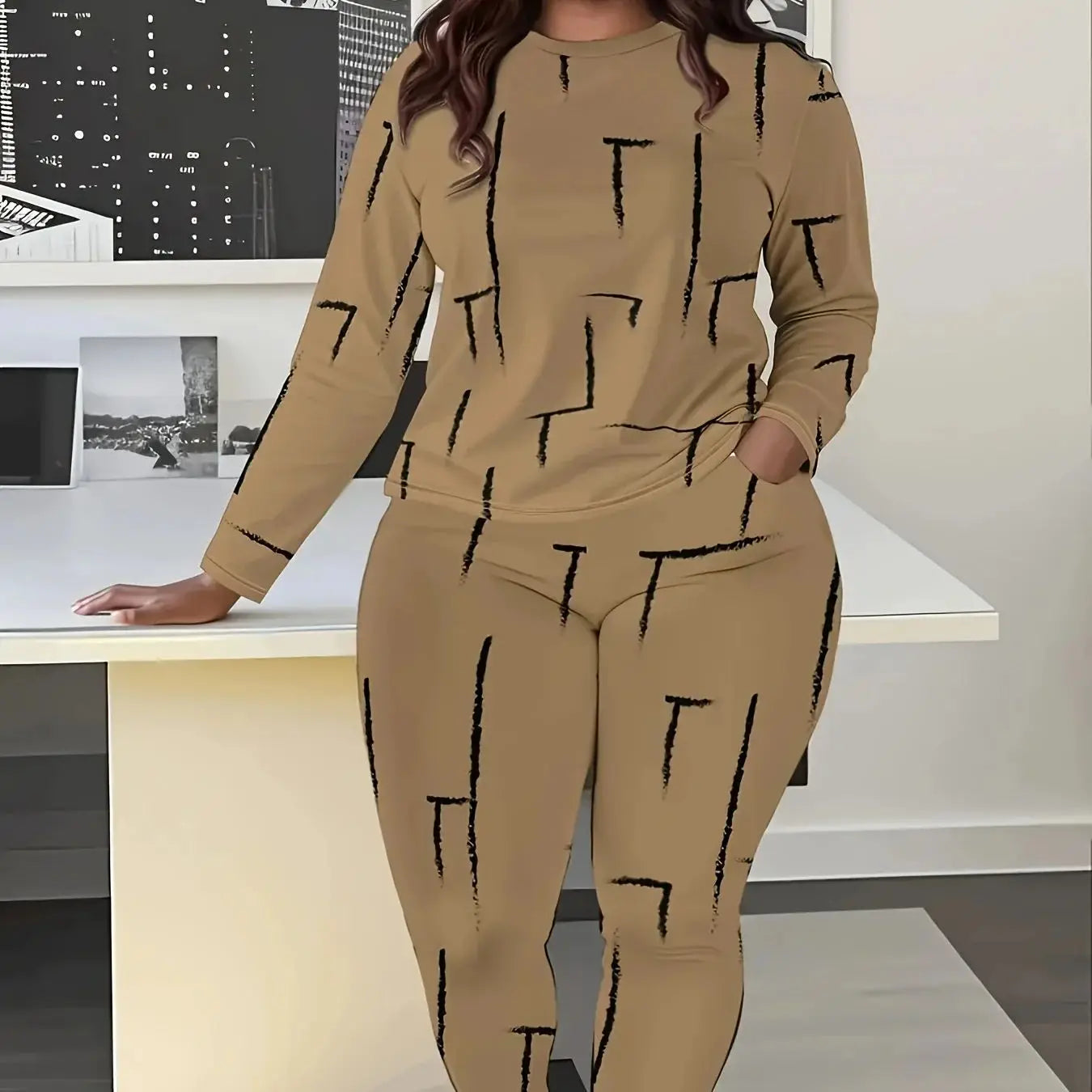 Women's Plus Size Casual Outfit: Comfortable Long Sleeve Crewneck Top and Geometric Print Pants Set - Medium Stretch, Machine Wa