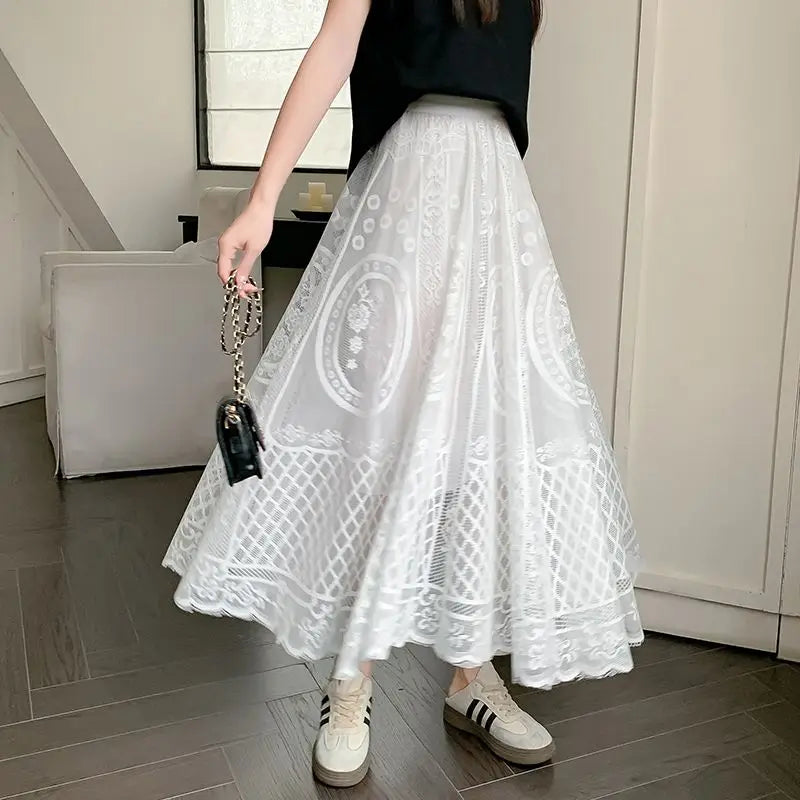 High Waisted Lace A Line Swing Midi Skirt for Women