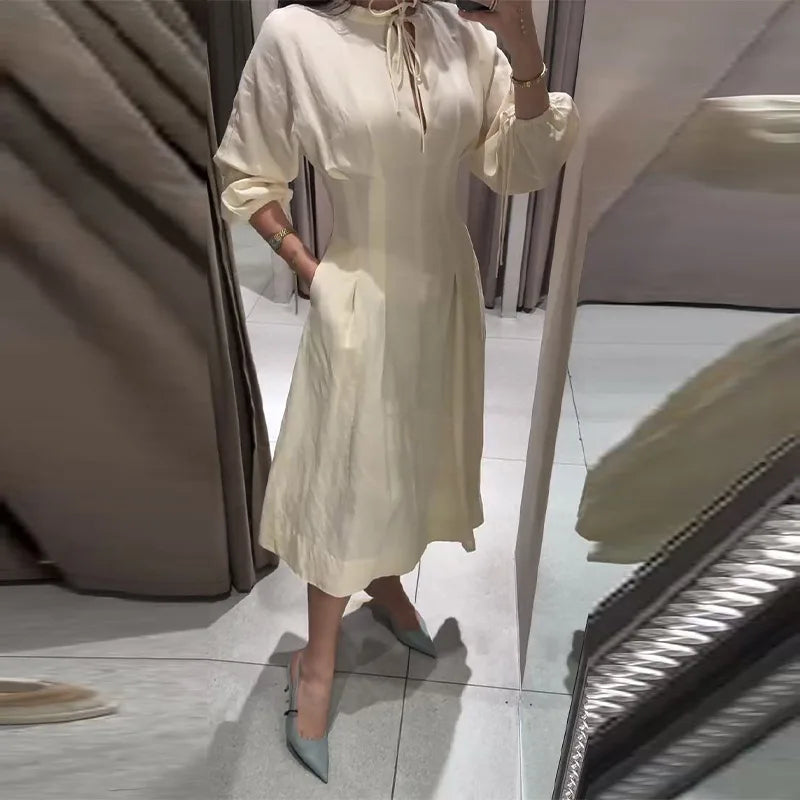 Lace Up Pleated Lantern Sleeve Midi Dress for Women