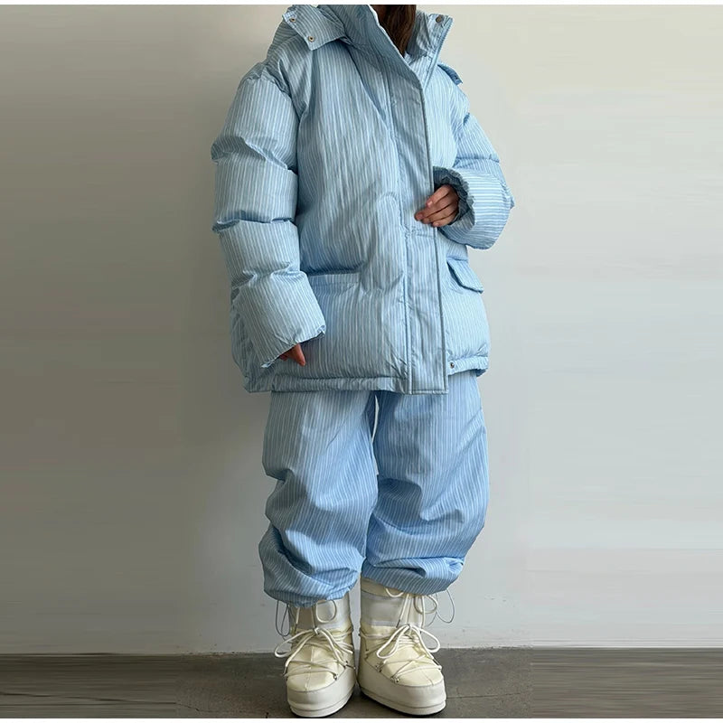 Striped Hooded Puffer Jacket and Wide Leg Pants Set for Women