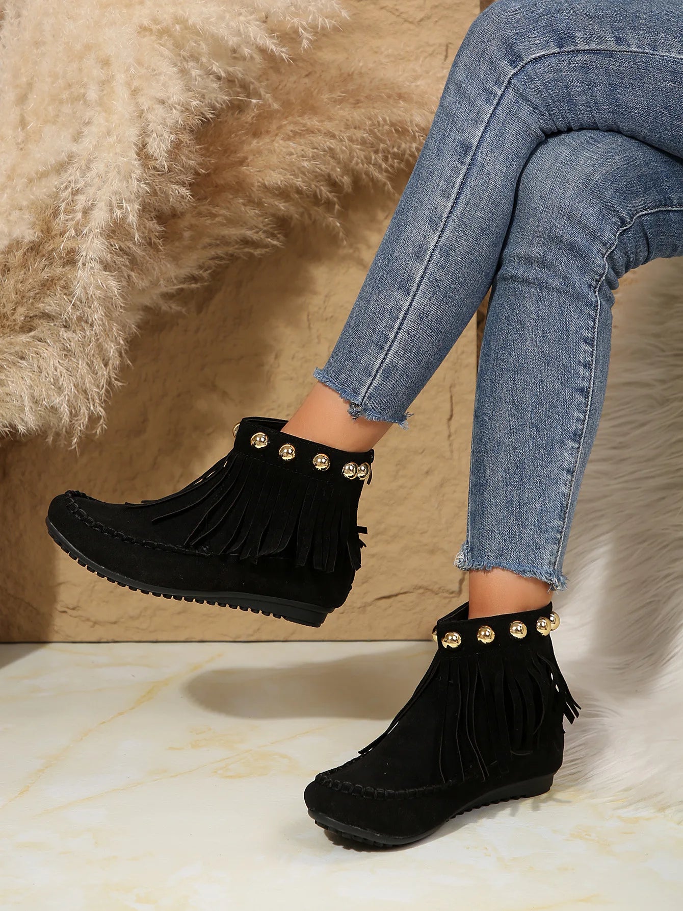 Women Boots Winter New Vintage Fringe Ankle Boots Women Side Zipper Casual Shoes Round Toe Ladies Snow Boots Zapatos De Mujer