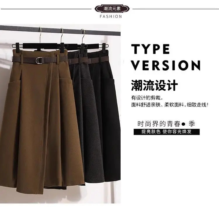 High Waisted Black Wool Midi Skirt With Pockets for Women
