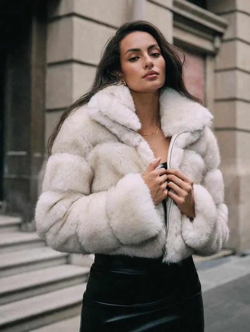 Women Faux Fox Fur Coats Short Jackets Zipper Coat Turn Down Collar Punk Loose Y2k Thick Outwear Jacket Casual 2025 Winter