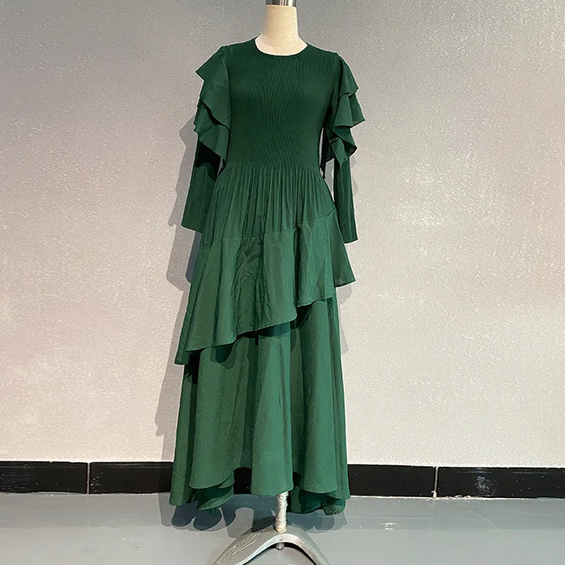 Pleated Tiered Long Sleeve Maxi Dress
