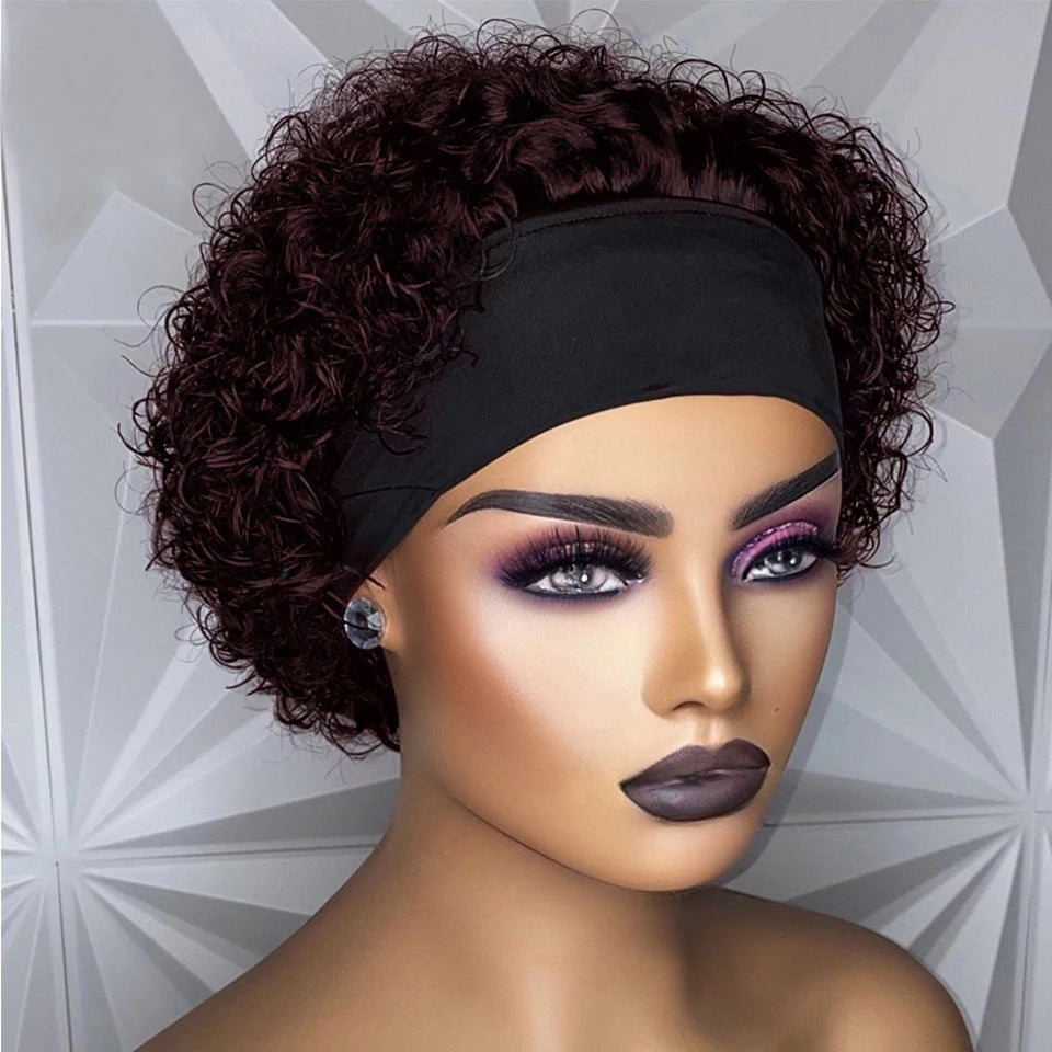 Short Curly Kinky Headband Human Hair Bob Wig for Women