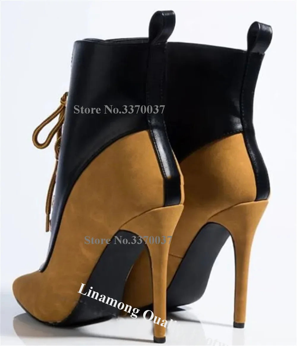 Red Blue Patchwork Buckles Lace Up Ankle Boots for Women