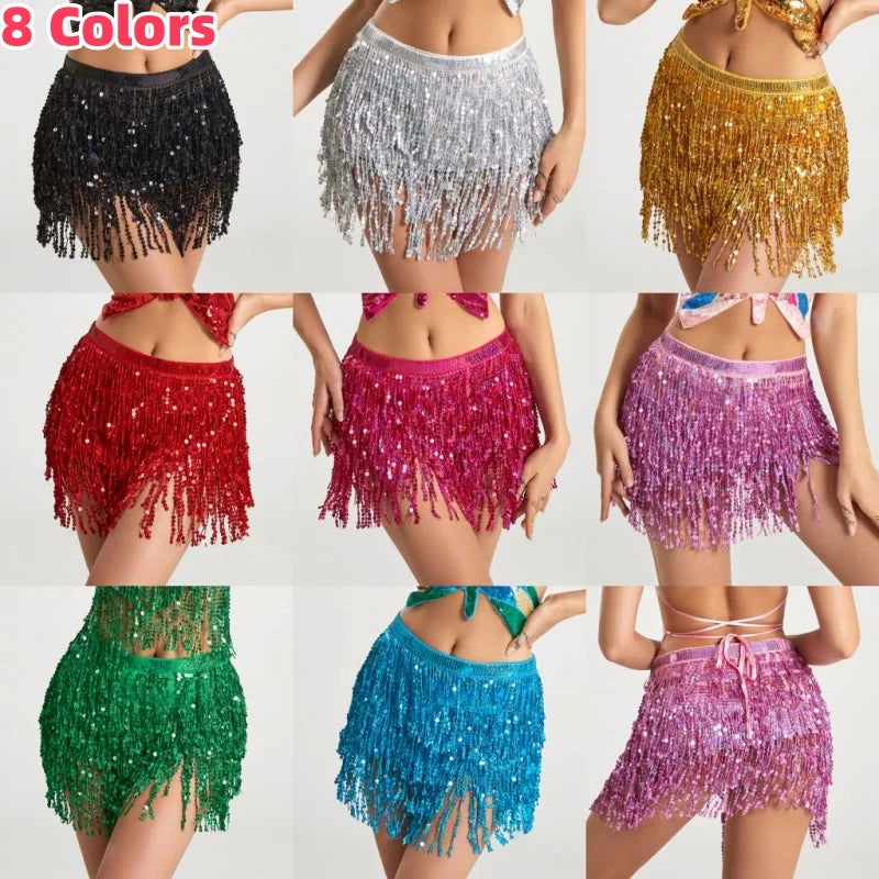 Gleaming Sequined Tassel Waist Chain Dress for Women