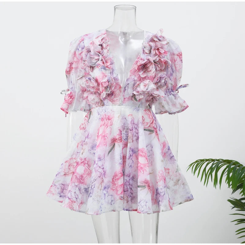 Floral Printed Ruffle Mini Dress with Deep V Neck for Women