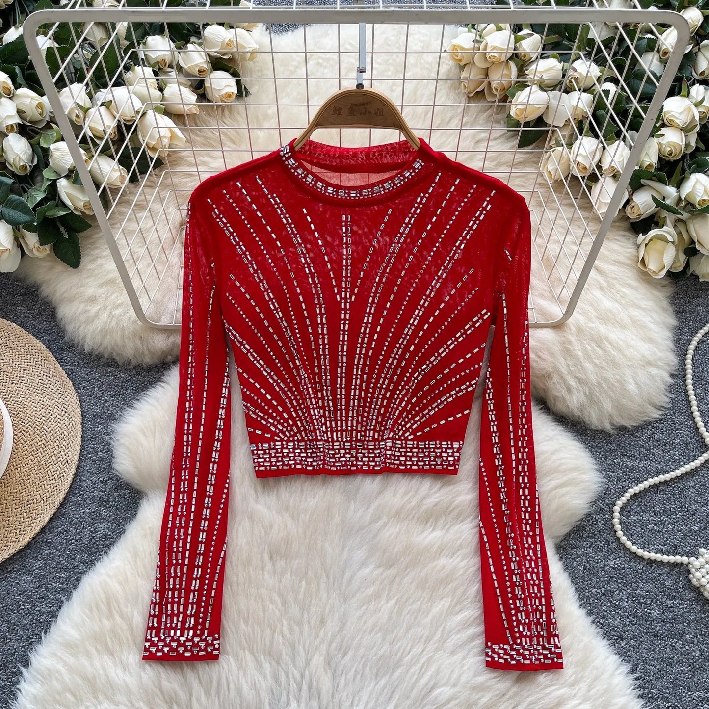 Leopard Print Rhinestone Mesh Long Sleeve Crop Top for Women