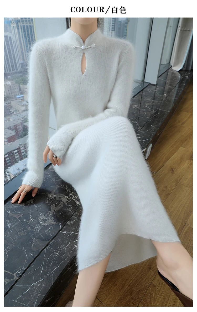 Cashmere Knit Dress with Stand Up Collar and Buckle for Women
