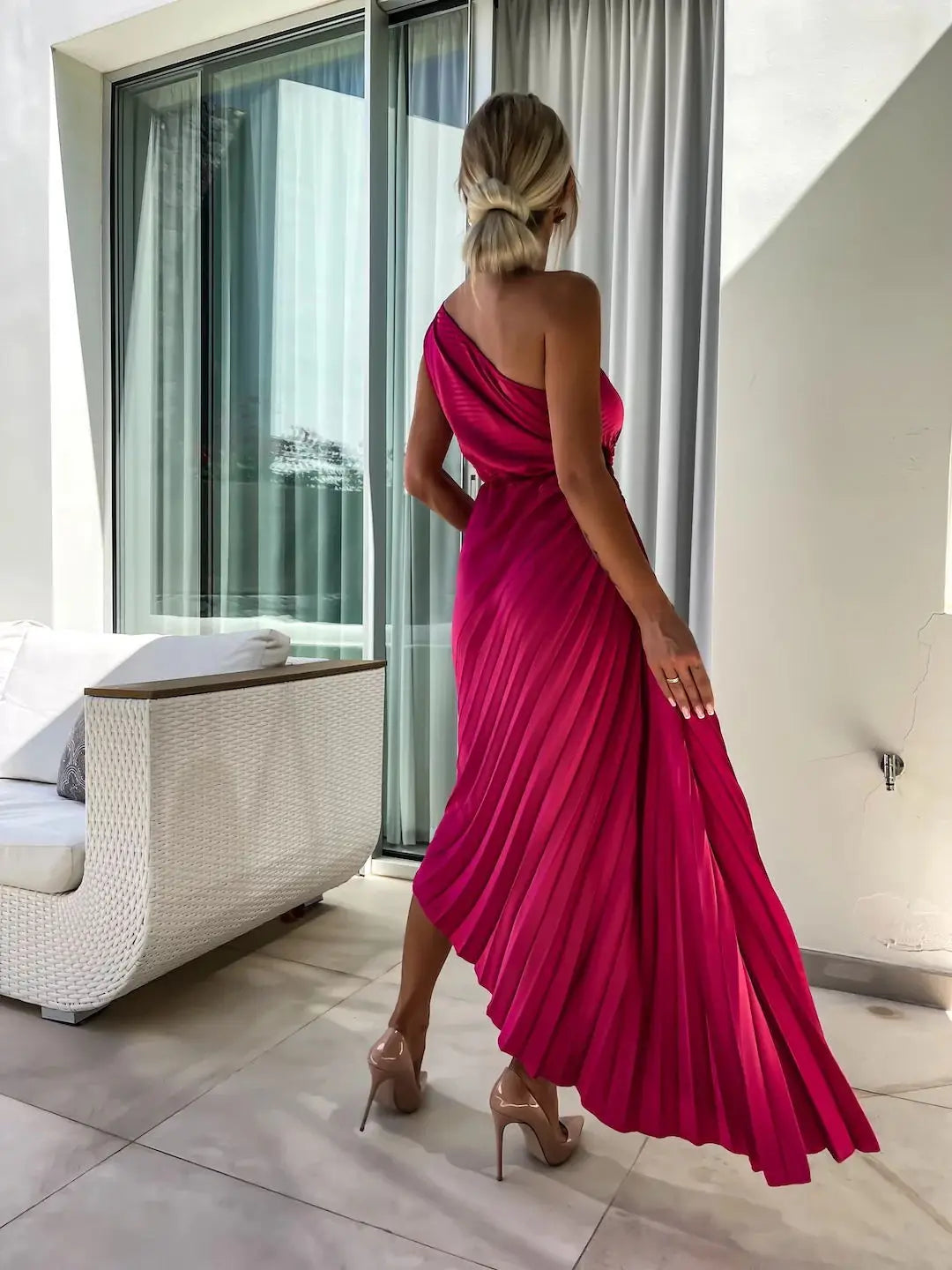 One Shoulder Flower Decor Pleated Elegant Dress for Women