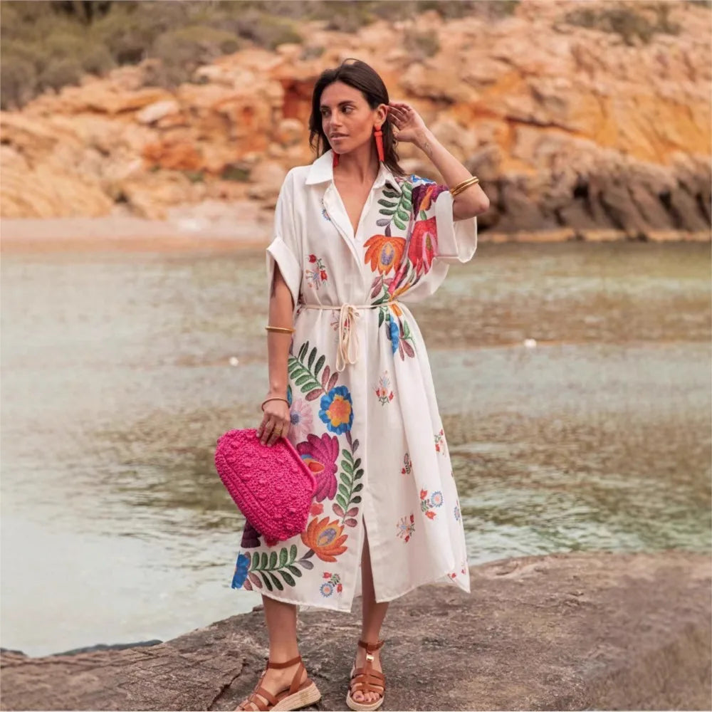 Bohemian Printed Lace-Up Loose-Fit Midi Dress for Women