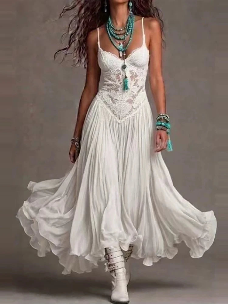 Backless V Neck Spaghetti Strap Maxi Dress for Women