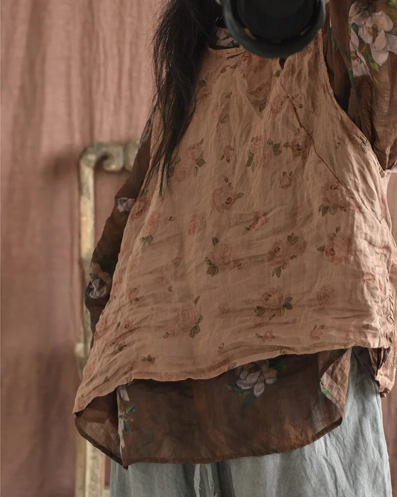 Casual Linen Tank Top With Vintage Floral Print for Women
