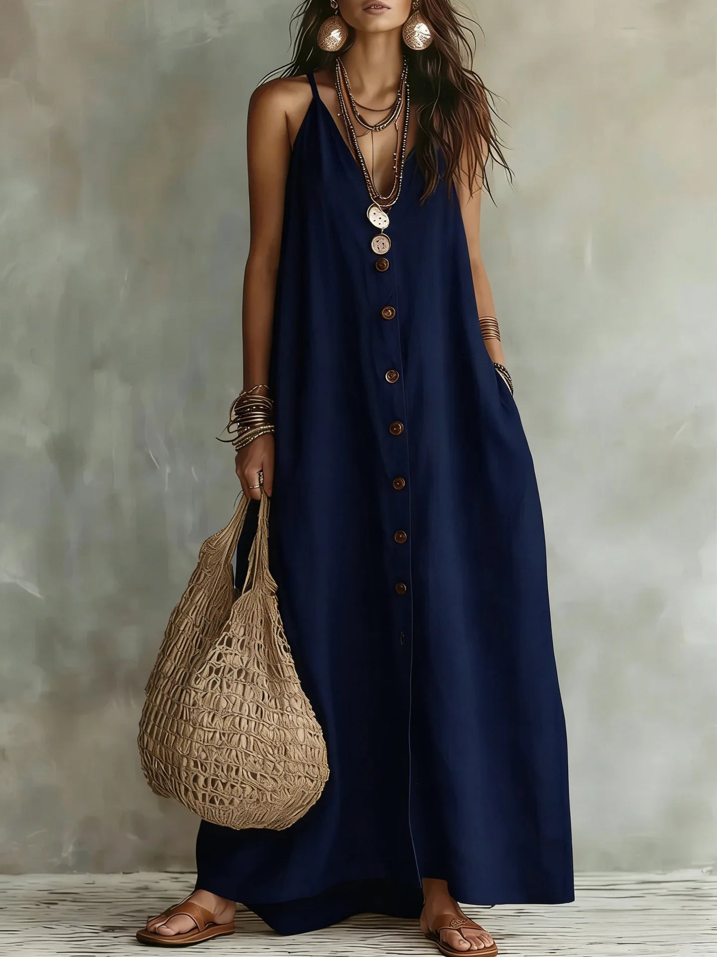 Spaghetti Strap V Neck Front Button Pocket Linen Maxi Dress for Women