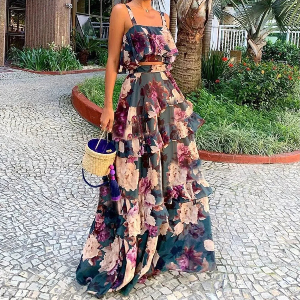 Printed Beach Vacation Style Two-Piece Set for Women
