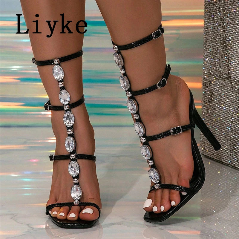 Crystal Embellished Ankle Strap Sandals With Square Toe for Women