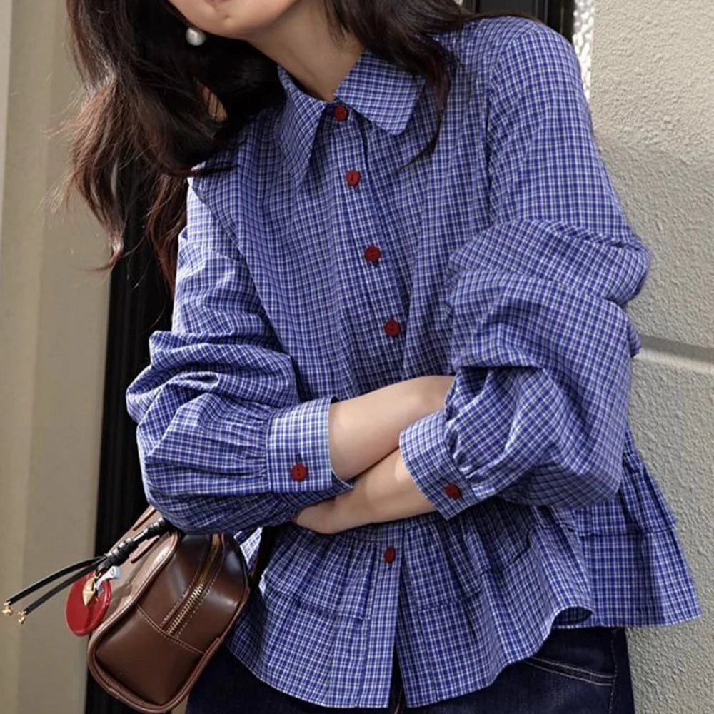 Blue Checkered Ruffle Trim Blouse With Turn Down Collar for Women