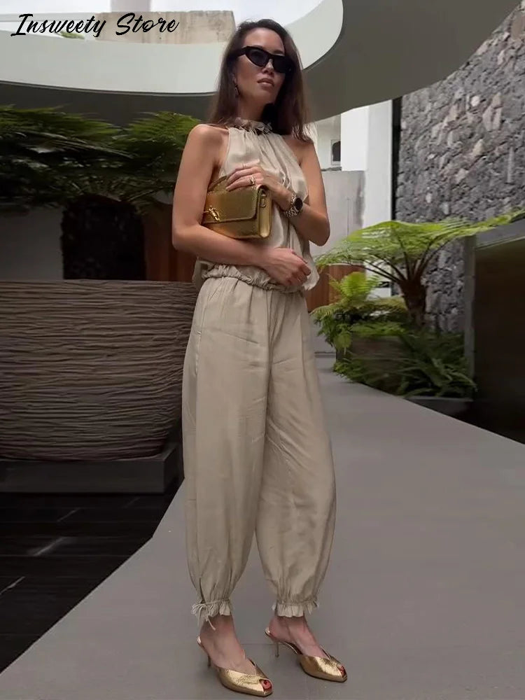 Beaded Halter Top And Lantern Pants Two Piece Set for Women