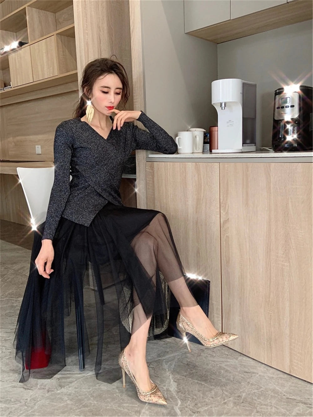 Rhinestone Mesh Pointed Toe Thin High Heels for Women