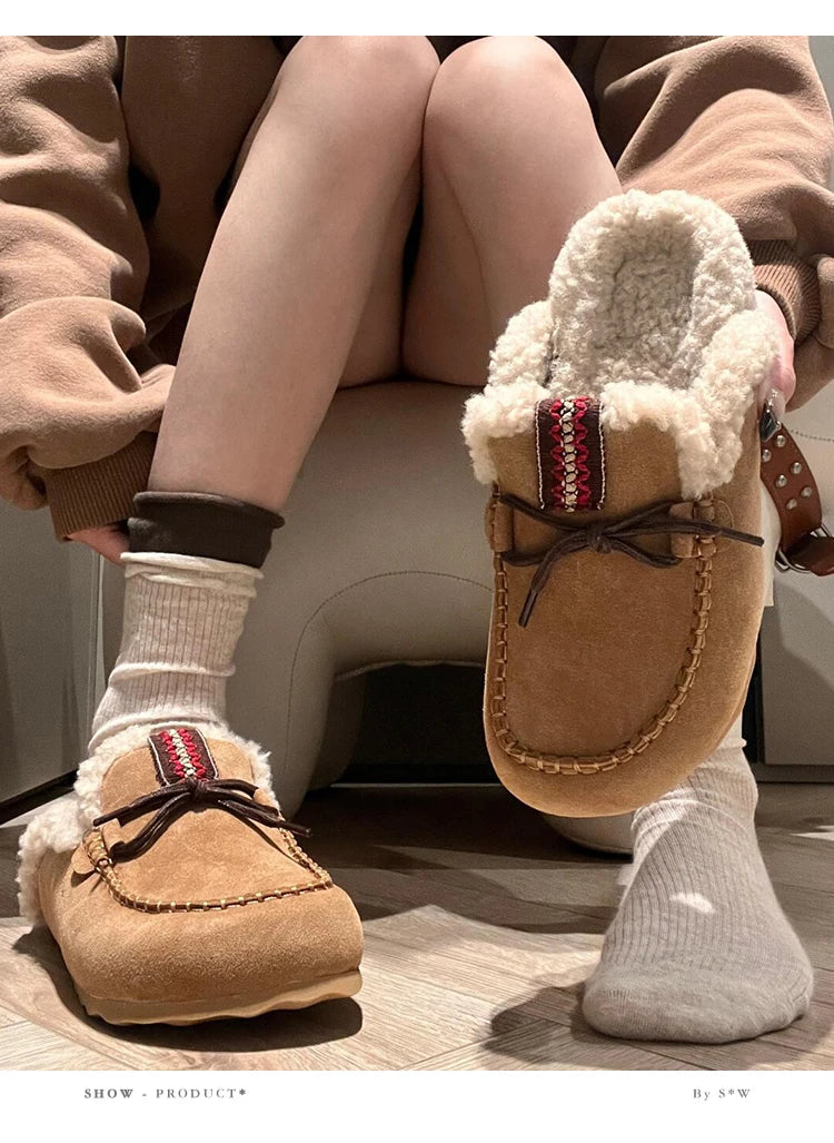 Sheepskin Fluffy Closed Toe Slippers Women Mules Shoes Warm Lace Up Indoor and Outdoor Cotton Shoes Female Winter Fashion